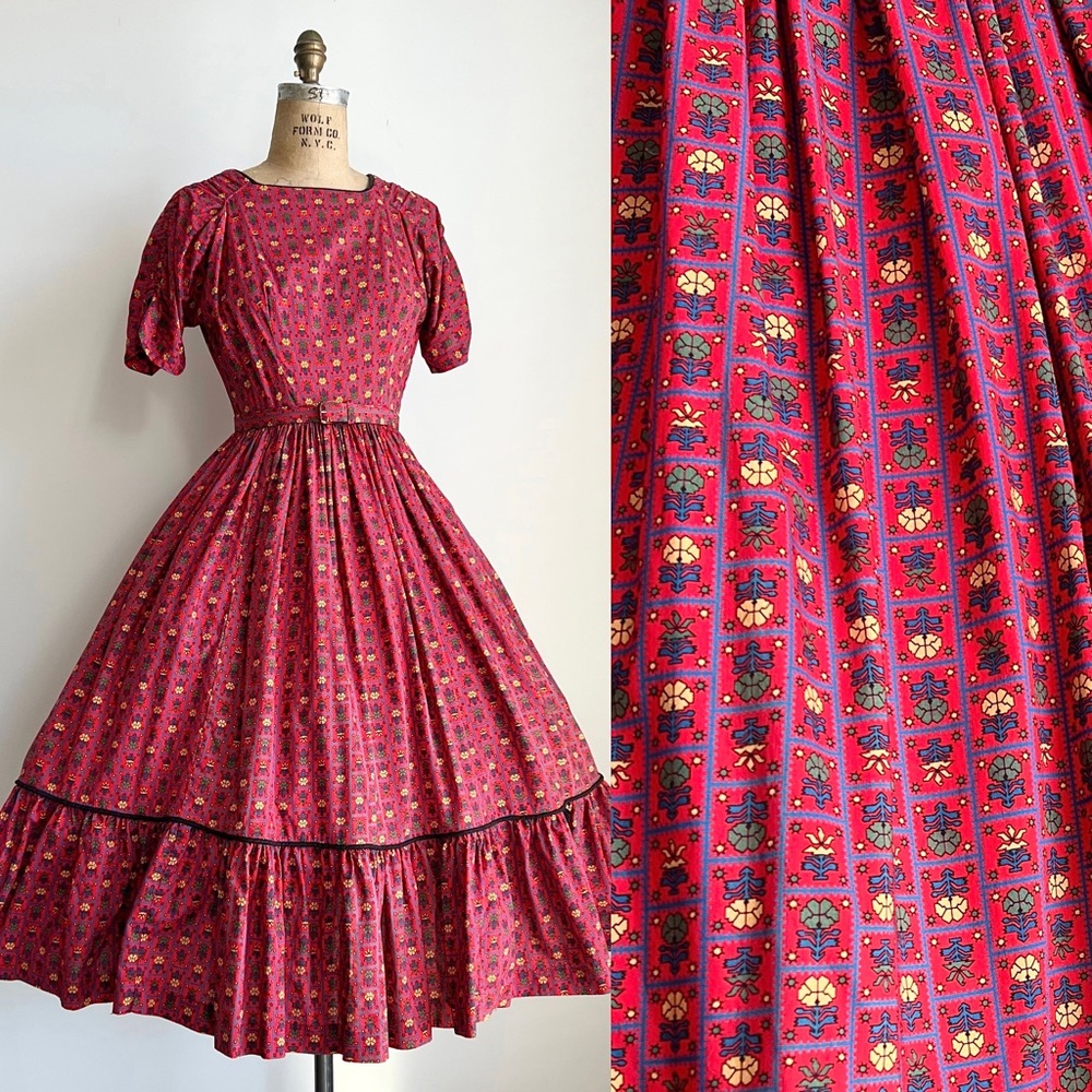 Vintage 1950s 50s Claire Evans Cotton Floral Print Red Dress / Medium